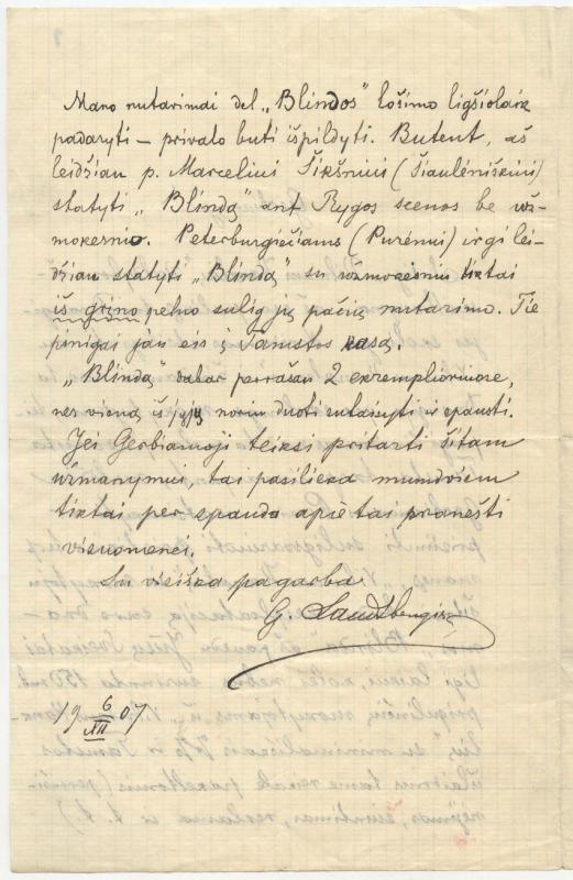 Felicijai Bortkevičienei rašytas Gabrieliaus Landsbergio-Žemkalnio laiškas