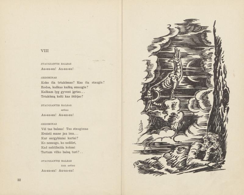 Sruoga, Balys. Giesmė apie Gediminą: gražiajam jaunimėliui. Mstislavo Dobužinskio viršelis ir iliustracijos. Kaunas: Sakalas, 1938. 63 p.: iliustr. LMAVB 64946