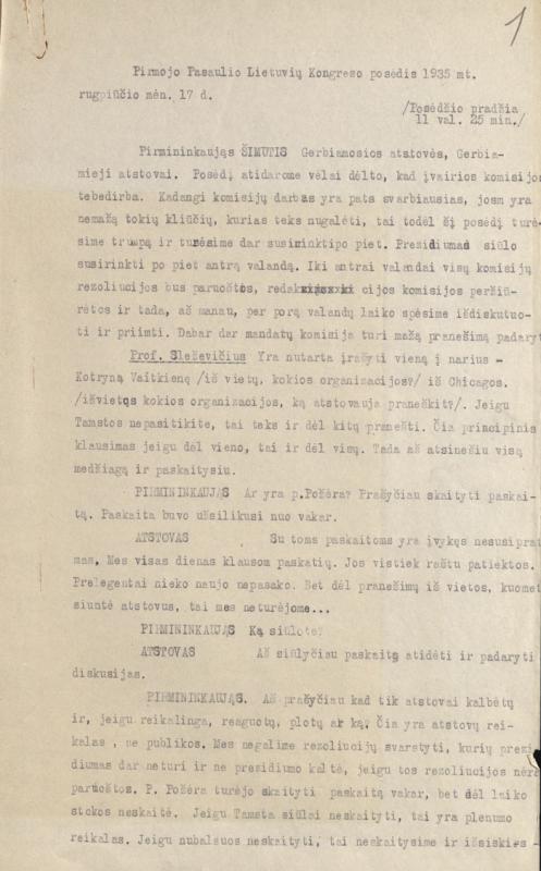 Pirmojo Pasaulio lietuvių kongreso posėdžio protokolas