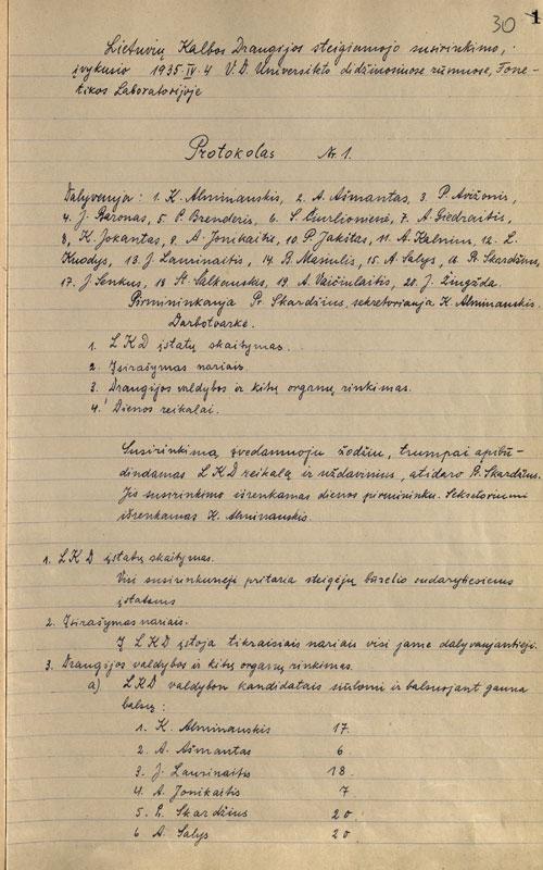 Lietuvių kalbos draugijos steigiamojo susirinkimo protokolas (1935-04-04)