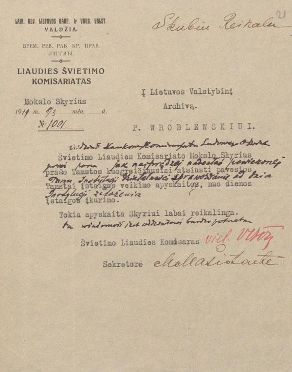 Laikinoji revoliucinė Lietuvos darbininkų ir vargingųjų valstiečių valdžia. Liaudies švietimo komisariatas. Komisaro Vaclovo Biržiškos įsakai Valstybės archyvo valdytojui Tadui Stanislovui Vrublevskiui.