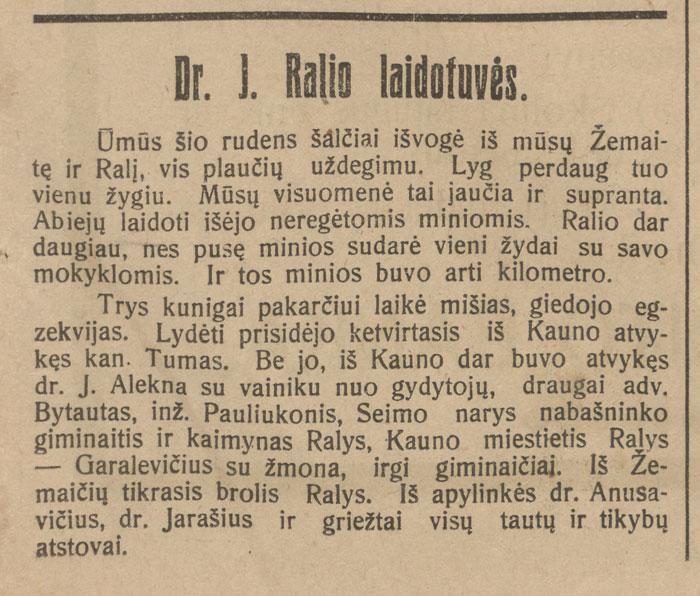Vaižgantas. Dr. J. Ralio laidotuvės