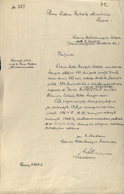 Prašymas leisti Šveicarijos piliečiui Pranui Brenderiui būti tikruoju Lietuvių kalbos draugijos nariu (1936-11-06)