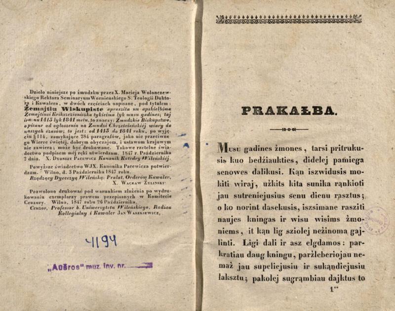 Źemajtiu wiskupiste: su tobliczioms. D. 1. Aprasze k. Motiejus Wołonczewskis. Wilniuj: spaustuwieje Juozapa Zawadzki, 1848.