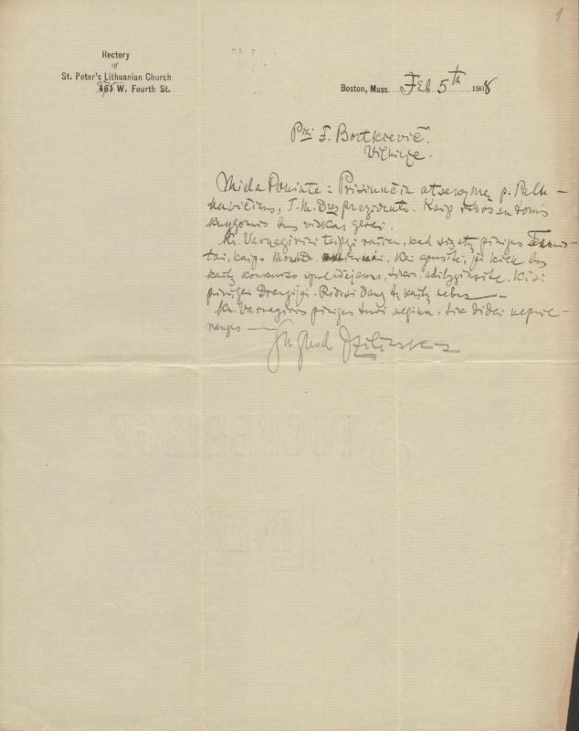 Felicijai Bortkevičienei rašytas kunigo Tomo Žilinsko laiškas