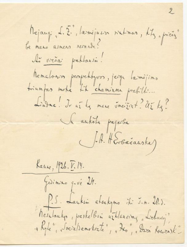 Felicijai Bortkevičienei rašytas Juozapo Albino Herbačiausko laiškas