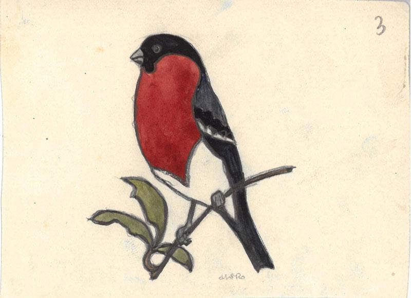 Dailininkės tapytojos, akvarelistės Onos Soltanaitės-Riomerienės (Anna Sołtanówna Römerowa, kitur – Anna Römer, 1895–1974) paukštelių piešinėliai: zylutė, šarka, sniegena, kregždė, kėkštas, liepsnelė (?), volungė. XX a. 3 deš. 9,5x12 cm.