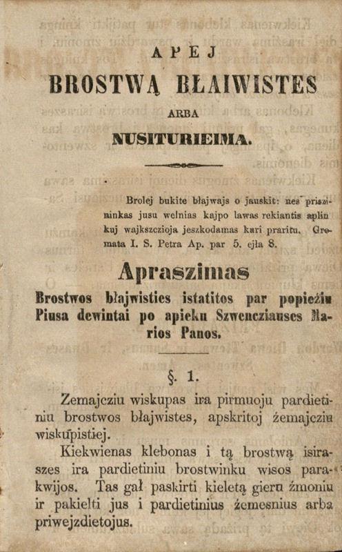 Apej brostwą błaiwistes arba nusiturieima. Klaipedoj: kasztu ir spaustuwieje Ed. Waikinnis & Co, 1860.