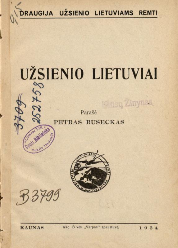 Petro Rusecko knyga „Draugijos užsienio lietuviams remti“ (titulinis lapas)