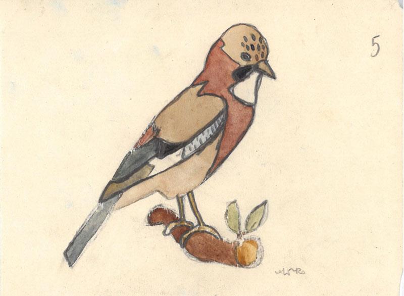 Dailininkės tapytojos, akvarelistės Onos Soltanaitės-Riomerienės (Anna Sołtanówna Römerowa, kitur – Anna Römer, 1895–1974) paukštelių piešinėliai: zylutė, šarka, sniegena, kregždė, kėkštas, liepsnelė (?), volungė. XX a. 3 deš. 9,5x12 cm.