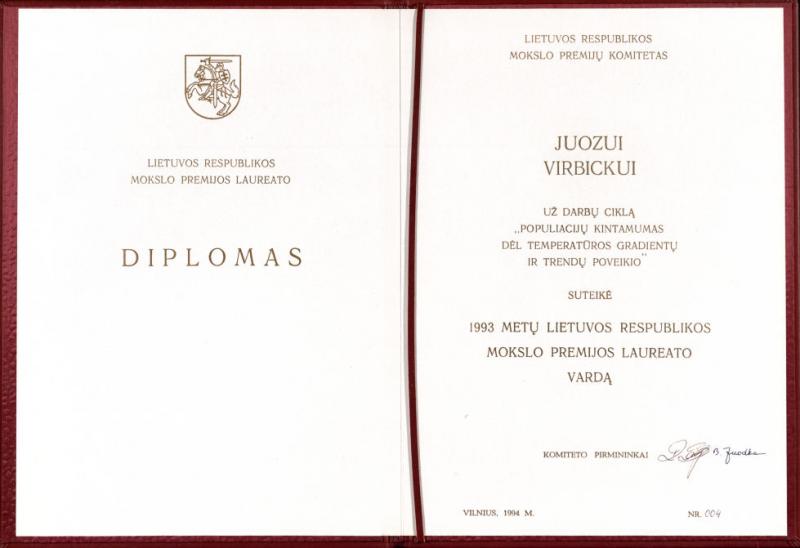 Lietuvos Respublikos mokslo premijos laureato diplomas. 1993 m.